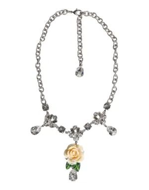 Silver Tone Brass Clear Crystal Roses Pendants Necklace