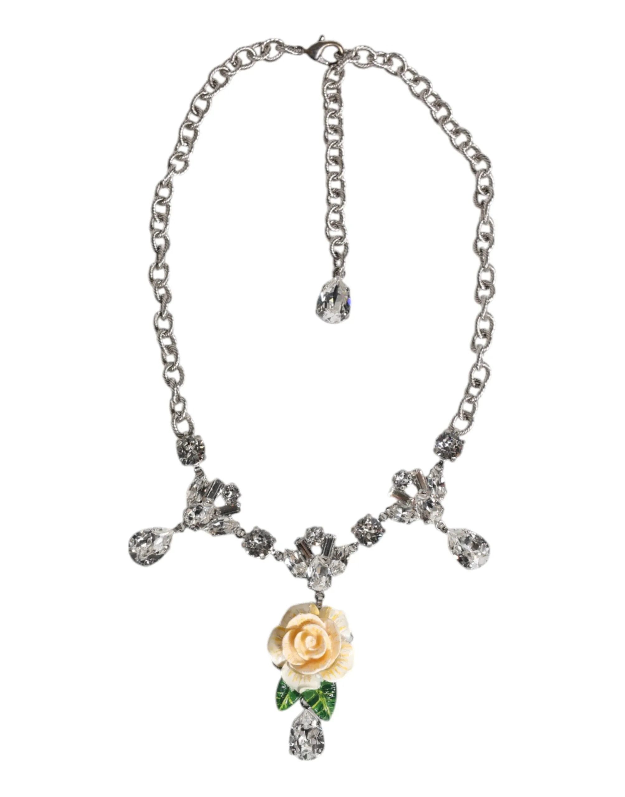 Silver Tone Brass Clear Crystal Roses Pendants Necklace