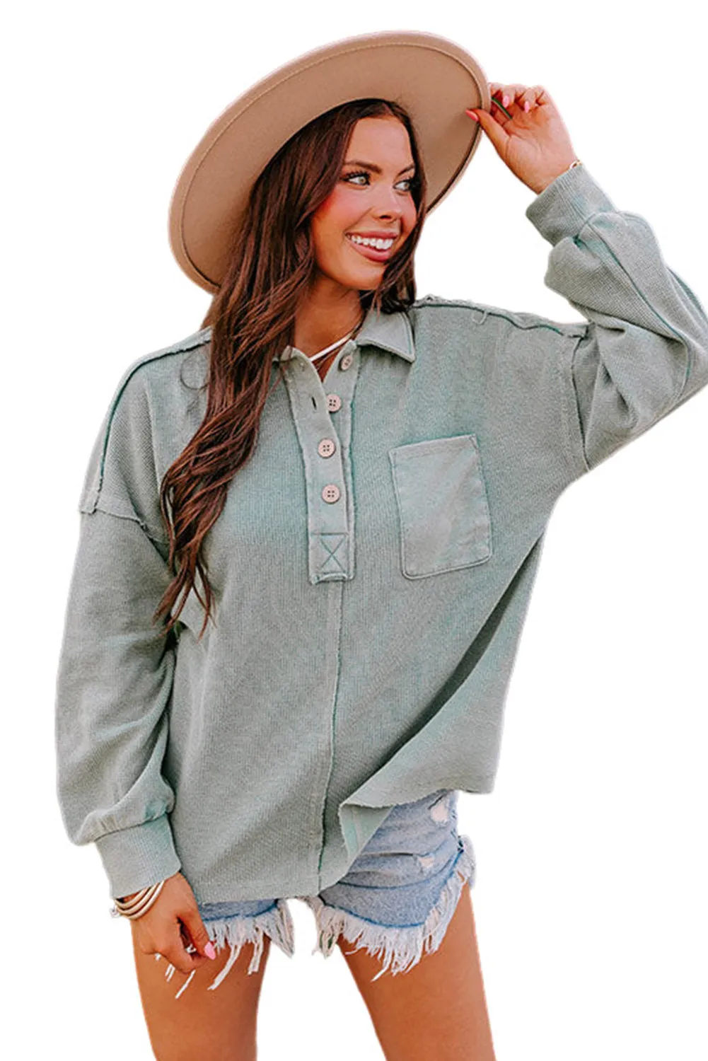 Swamp Waffle Exposed Seam Pocket Henley Sweatshirt