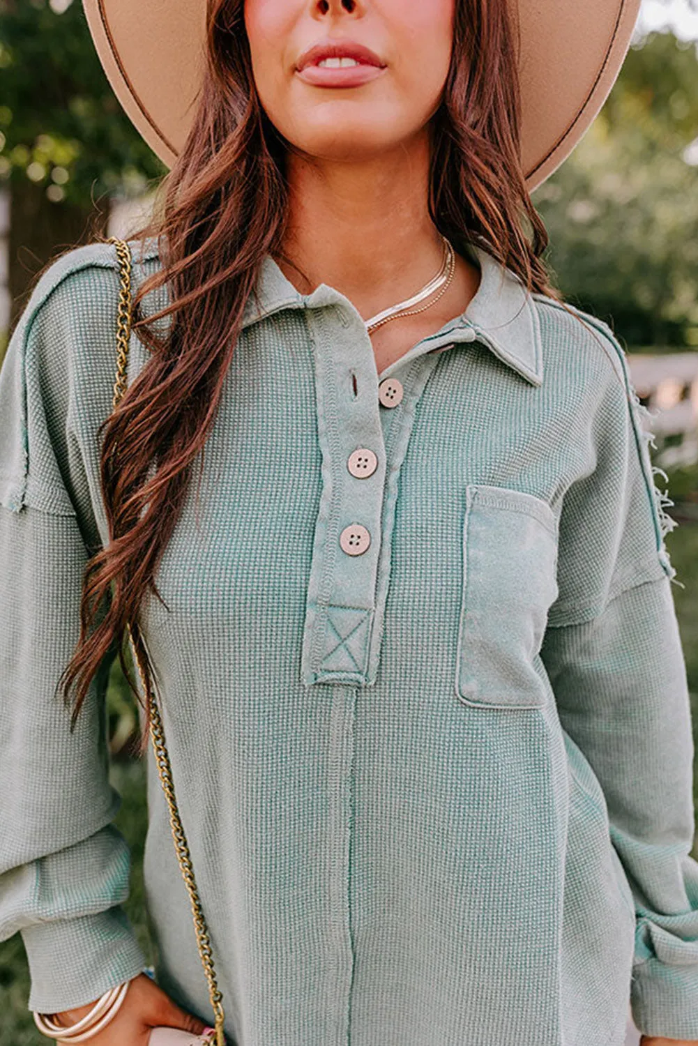 Swamp Waffle Exposed Seam Pocket Henley Sweatshirt
