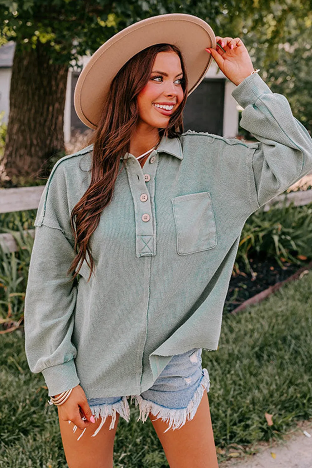 Swamp Waffle Exposed Seam Pocket Henley Sweatshirt