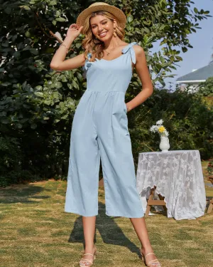 Tie-Bow Strap Sleeveless Linen Jumpsuit - Blue