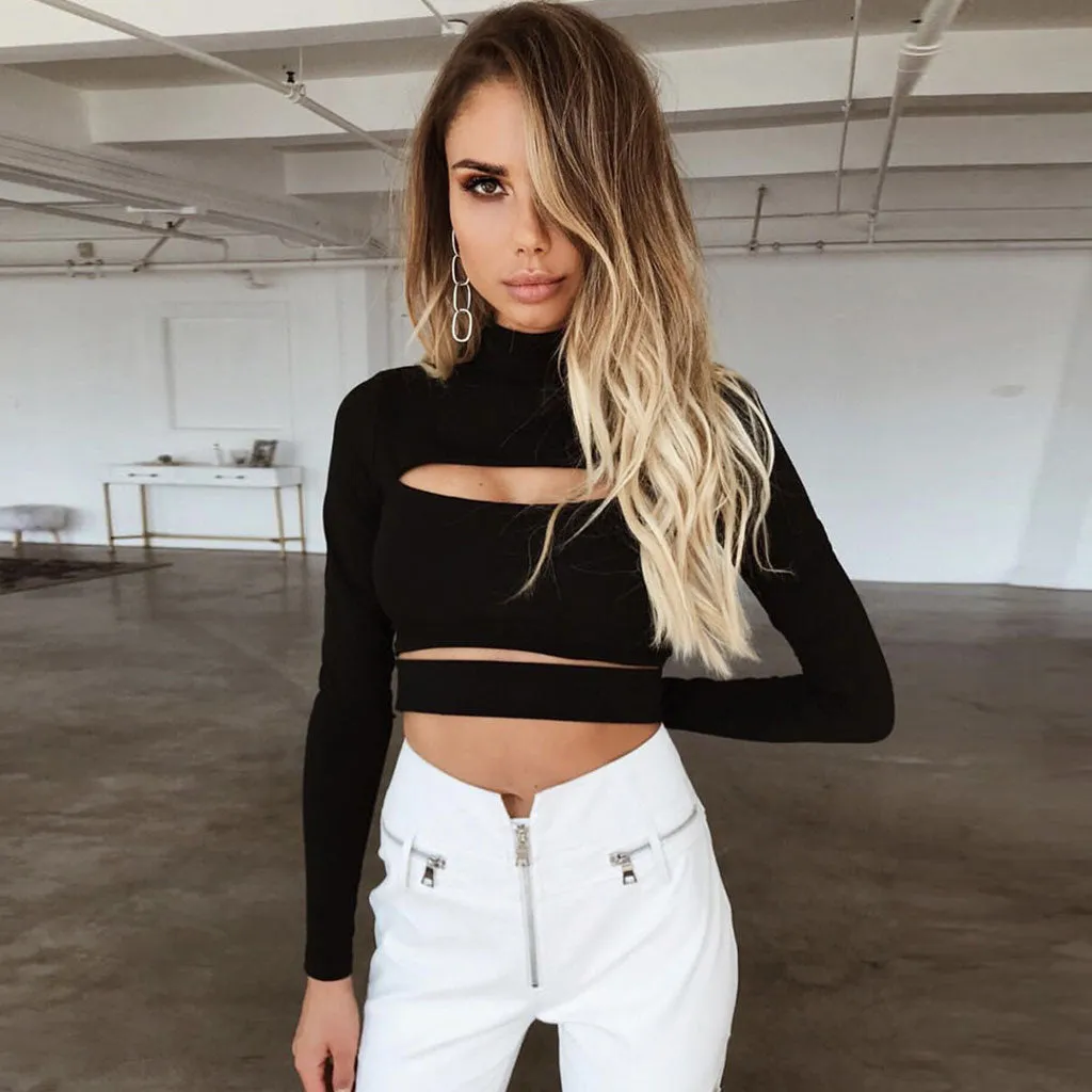 Unique Solid Turtleneck Cut Out Long Sleeve Crop T-Shirt - Black