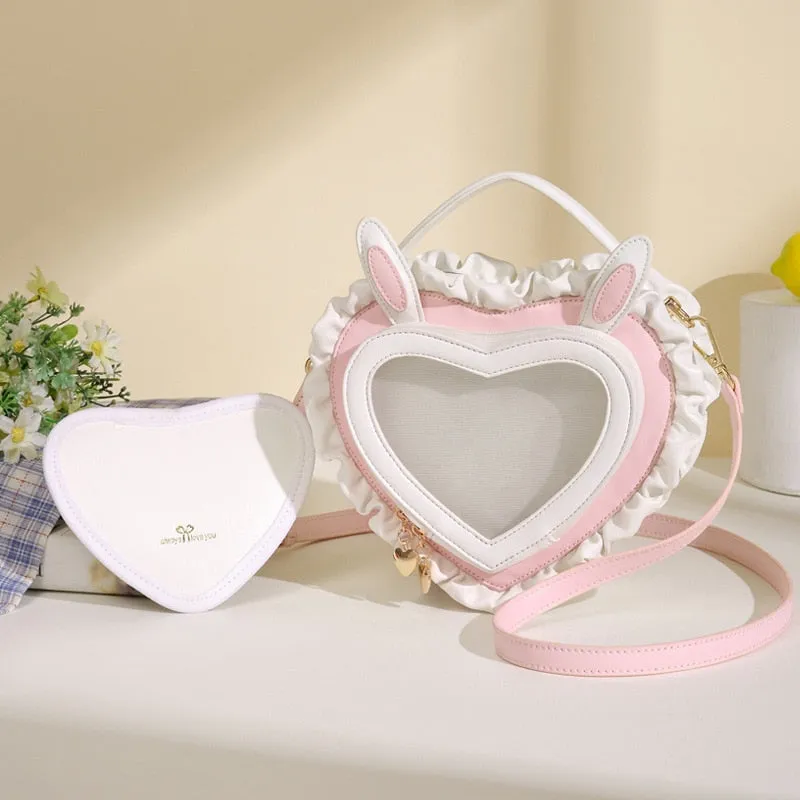 Valentines Day Kawaii Bunny Ears Heart Shape Shoulder Bag Purse Pink Blue