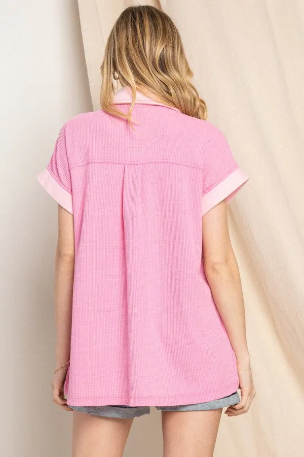 WASHED OVERSIZED PULLOVER TOP W HENLEY NECKLINE