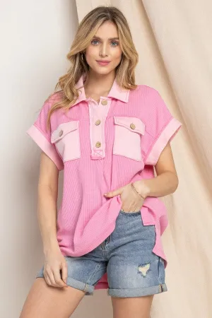 WASHED OVERSIZED PULLOVER TOP W HENLEY NECKLINE