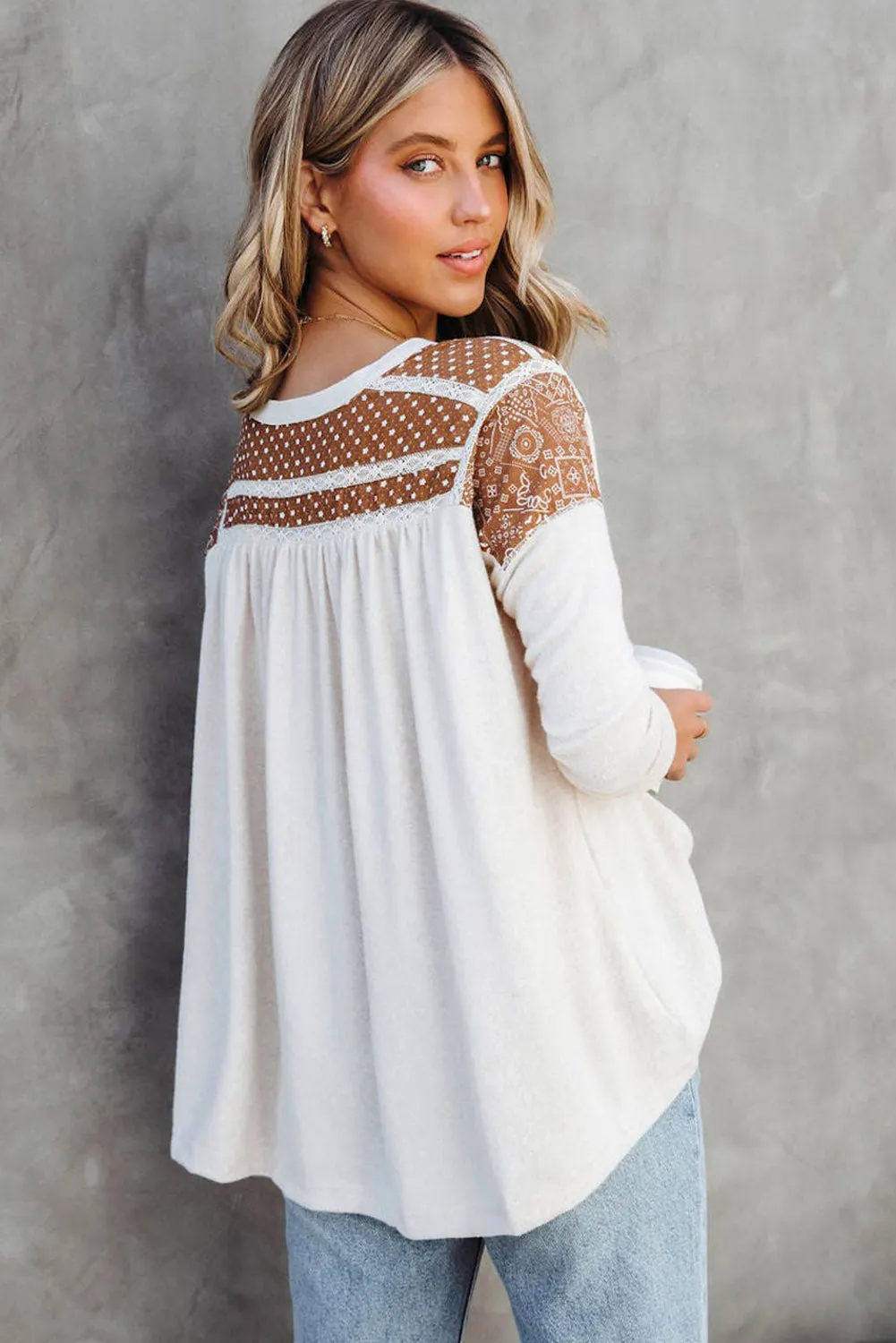 White Contrast Crochet Lace Henley Top