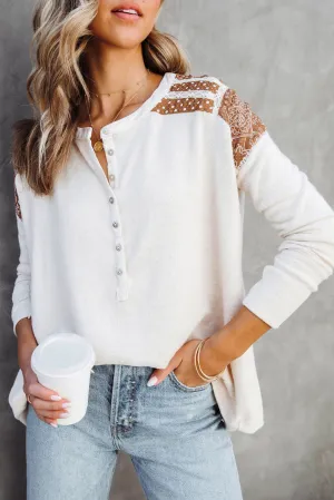 White Contrast Crochet Lace Henley Top
