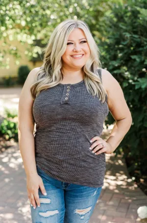 Wishful Thinking Button Henley Tank Top- Heathered Black