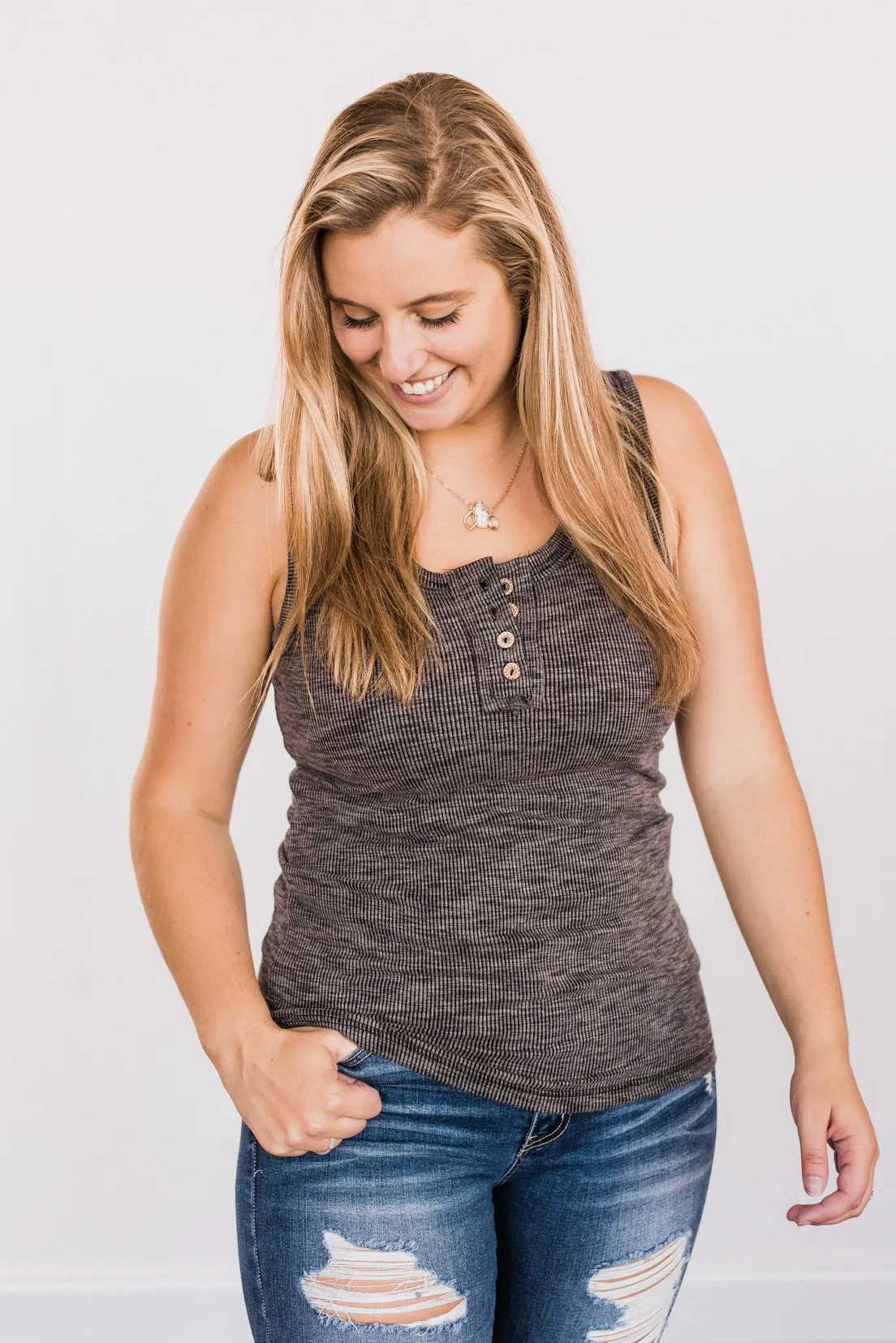 Wishful Thinking Button Henley Tank Top- Heathered Black