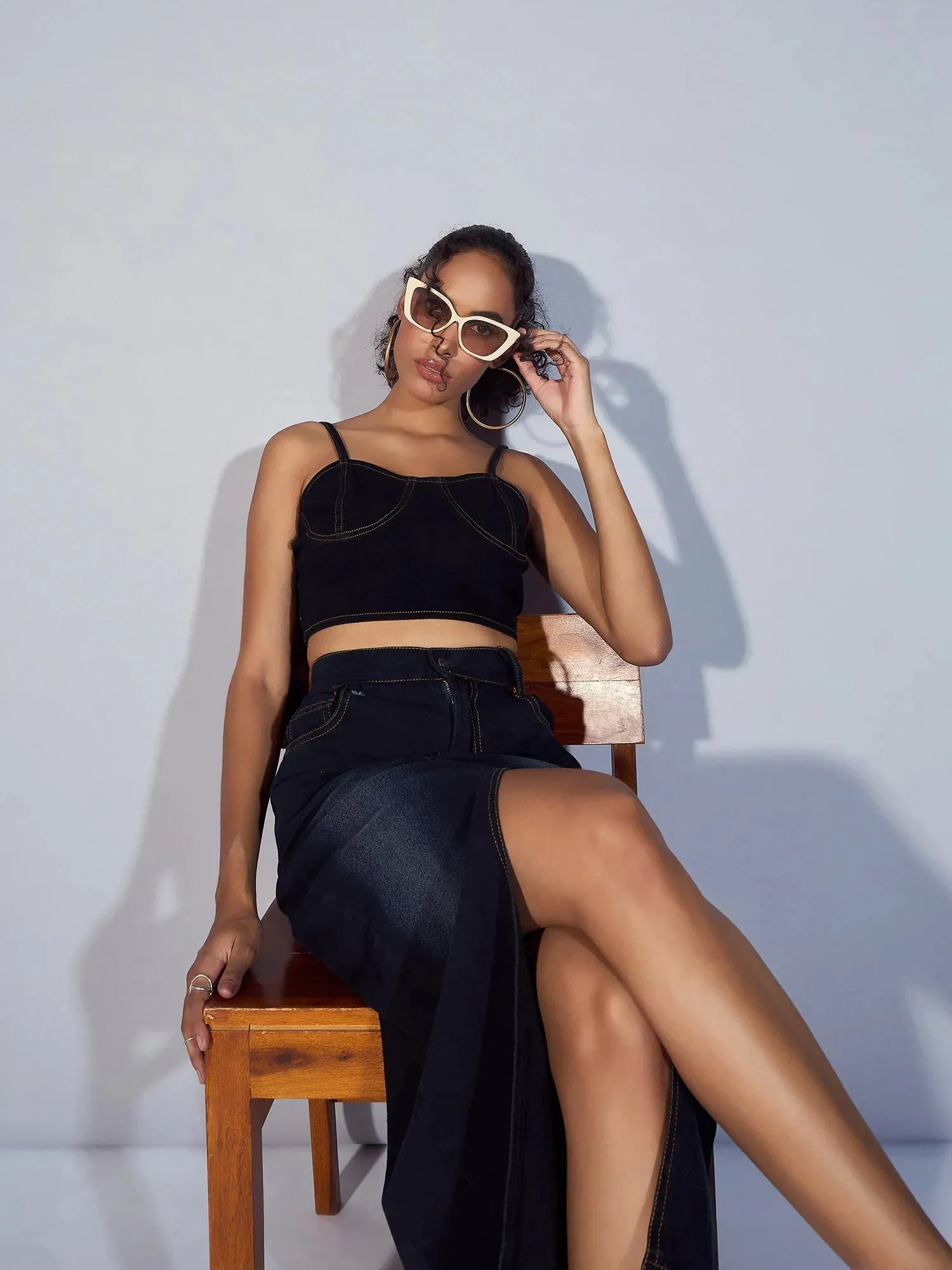 Women Black Denim Strappy Crop Top-SFTOPS42031