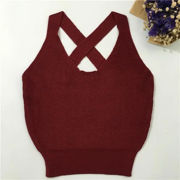 Women Fitness Crop Top Short Knitted Cami Round Neck Cross Back Women Crop Tops Short Bustier Crop Top