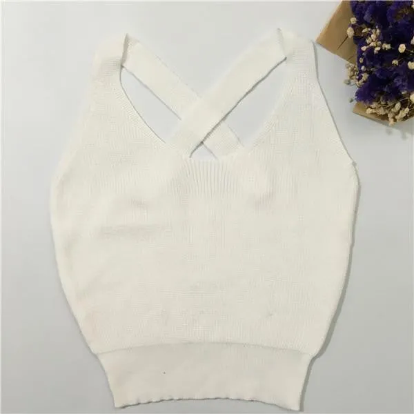 Women Fitness Crop Top Short Knitted Cami Round Neck Cross Back Women Crop Tops Short Bustier Crop Top