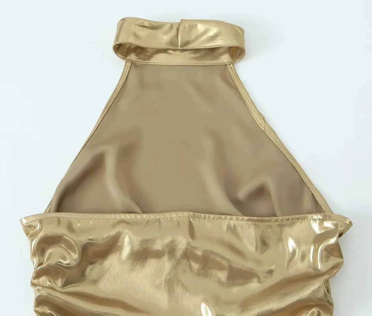 Women Metallic Glitter Hanging Neck Crop Top Y2K Fashion Sleeveless Ruched Top Summer Sexy Backless Slim Tops