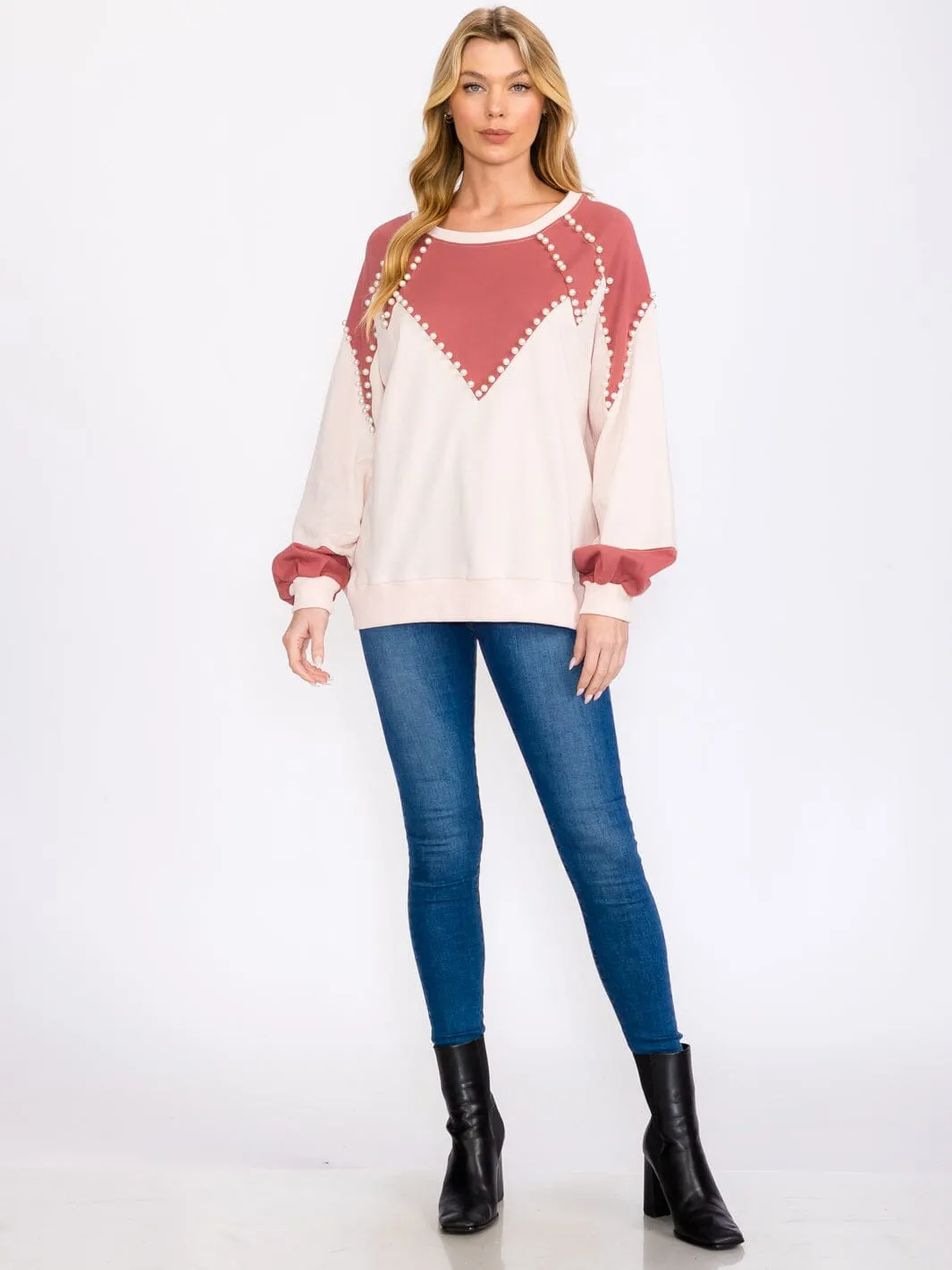 WOMEN'S LONG SLEEVES PEARL DETAILED PULLOVER COLORBLOCK SWEATER
