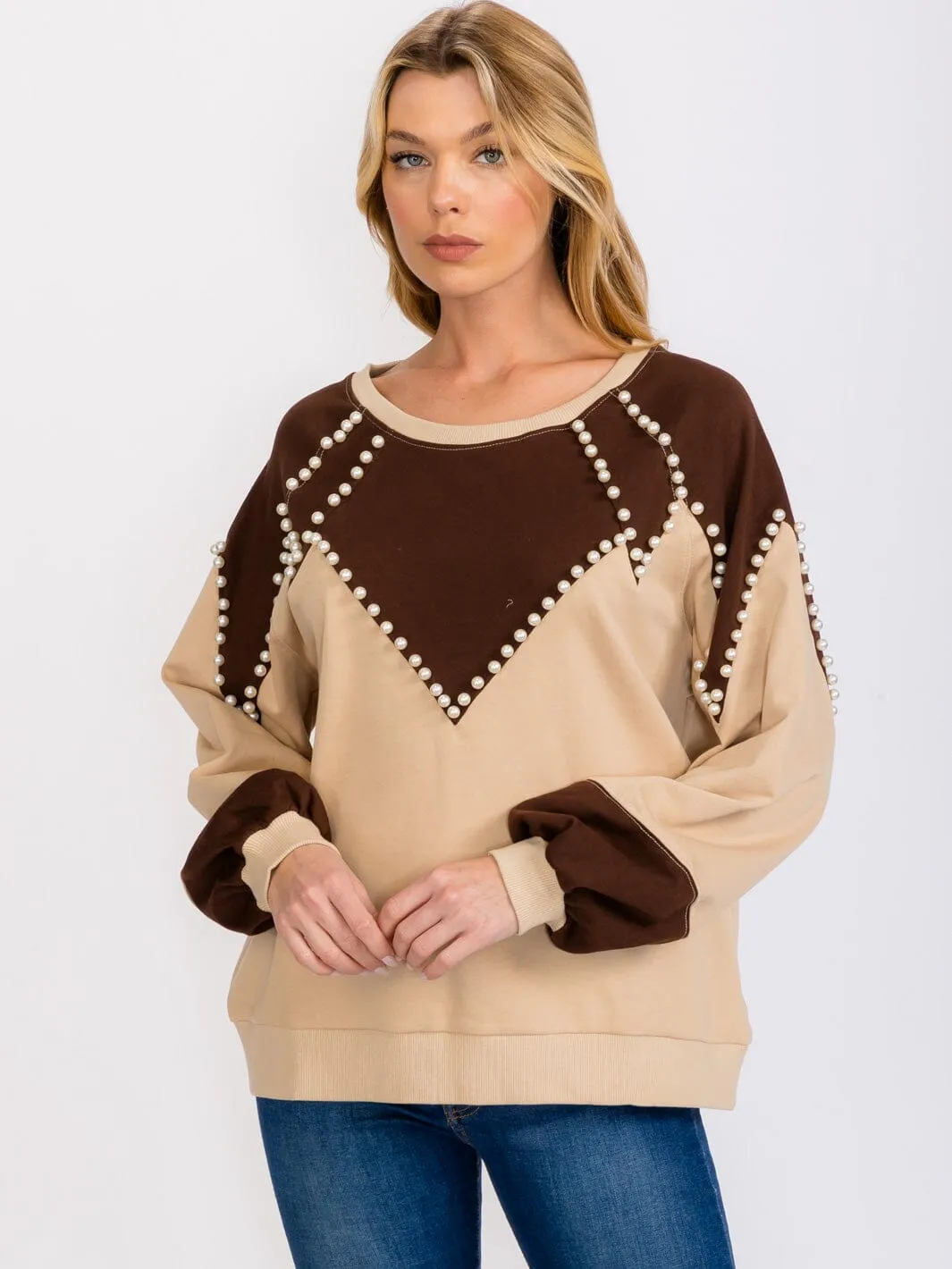 WOMEN'S LONG SLEEVES PEARL DETAILED PULLOVER COLORBLOCK SWEATER