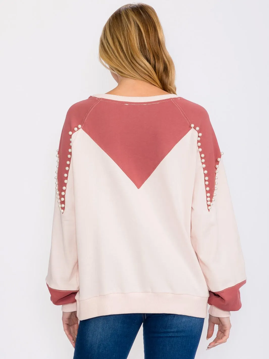 WOMEN'S LONG SLEEVES PEARL DETAILED PULLOVER COLORBLOCK SWEATER