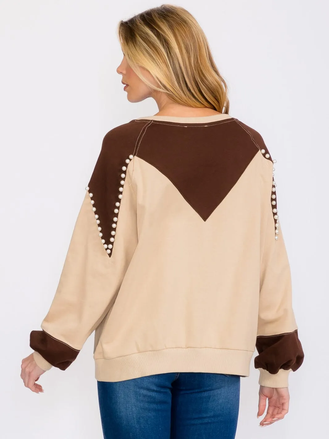 WOMEN'S LONG SLEEVES PEARL DETAILED PULLOVER COLORBLOCK SWEATER
