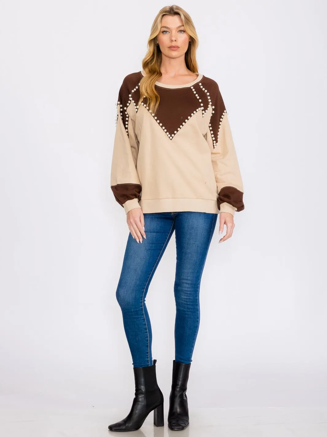 WOMEN'S LONG SLEEVES PEARL DETAILED PULLOVER COLORBLOCK SWEATER
