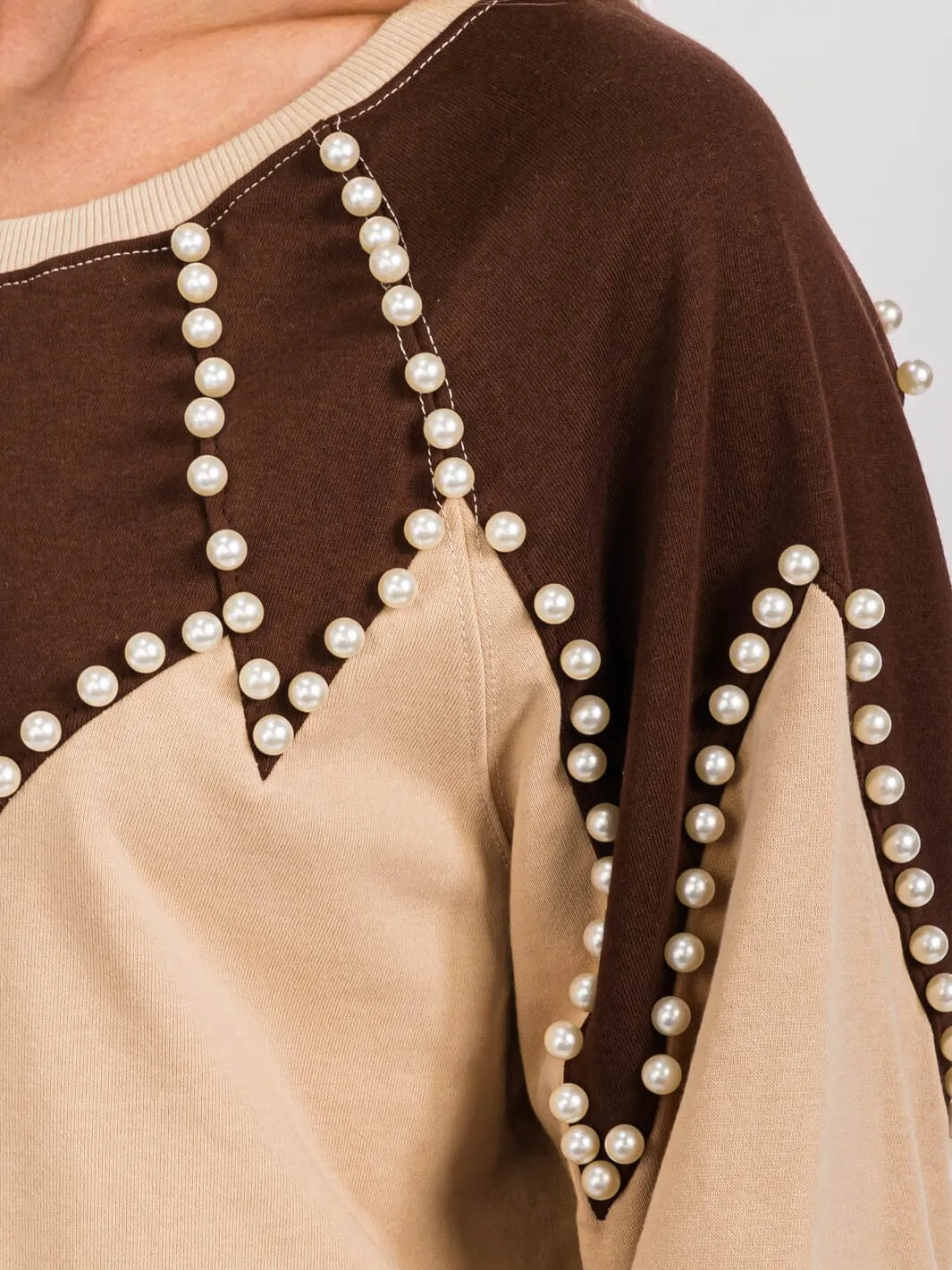 WOMEN'S LONG SLEEVES PEARL DETAILED PULLOVER COLORBLOCK SWEATER