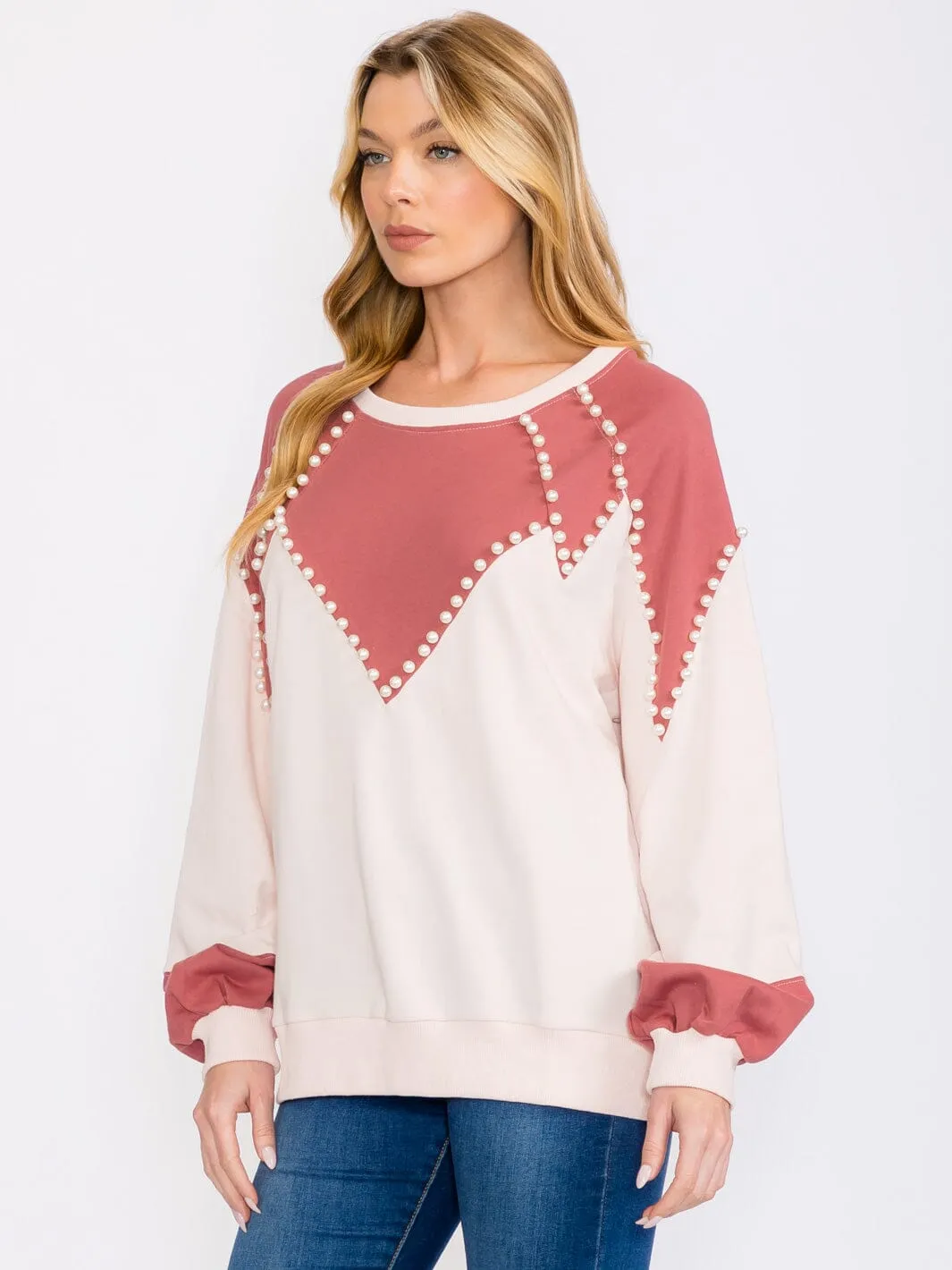 WOMEN'S LONG SLEEVES PEARL DETAILED PULLOVER COLORBLOCK SWEATER