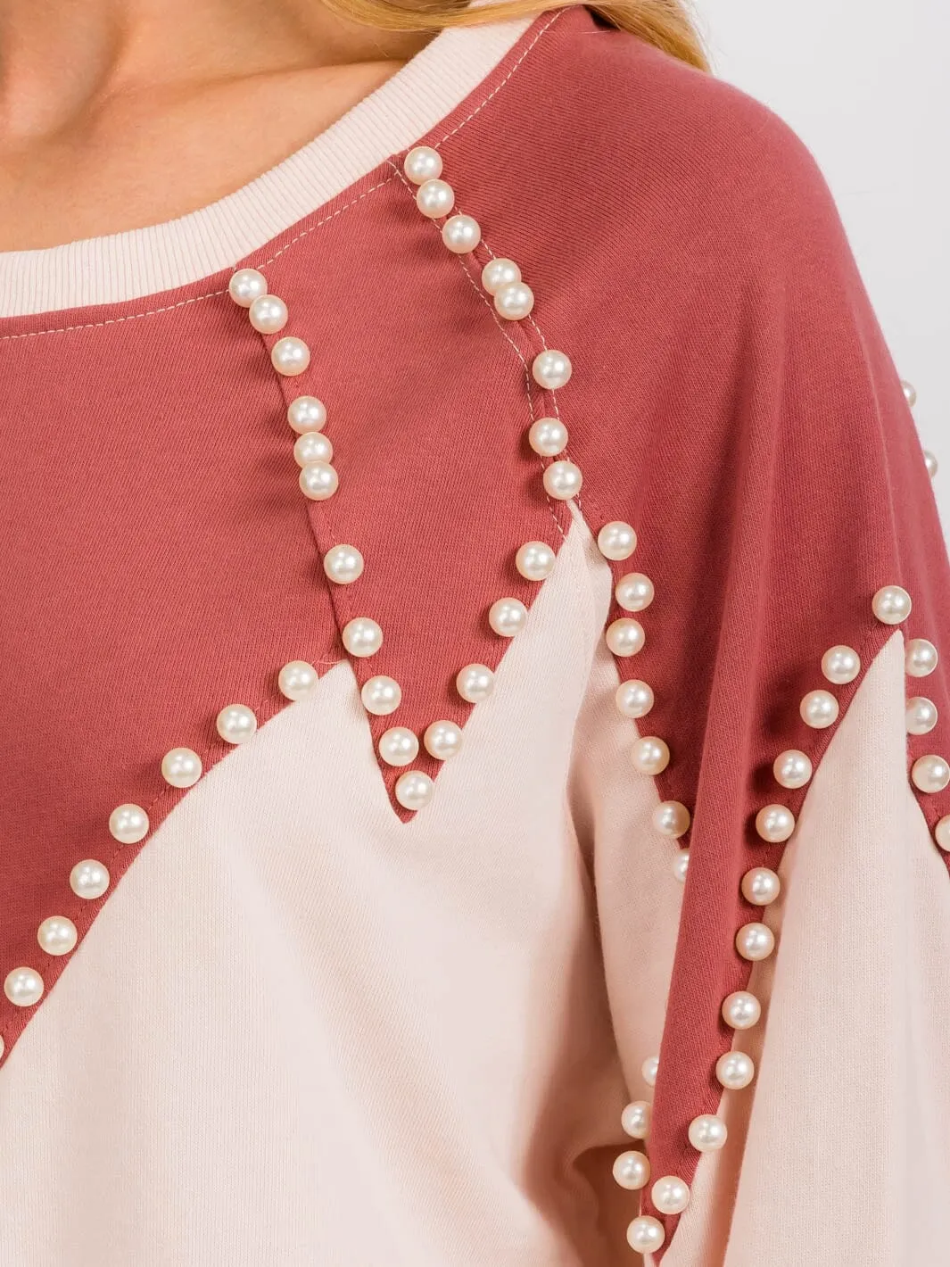 WOMEN'S LONG SLEEVES PEARL DETAILED PULLOVER COLORBLOCK SWEATER