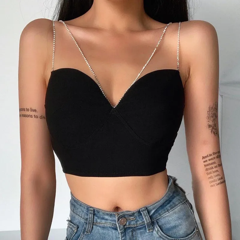 Women's Spring New Pure Color Sexy Vest Flash Diamond Chain Tube Top