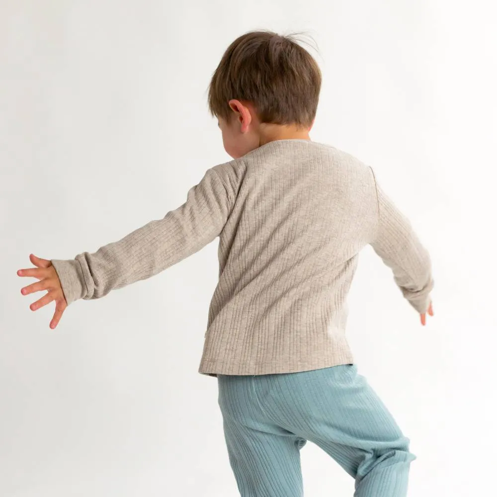 Woolbabe Organic Cotton/Merino Long Sleeve Henley Top - Dune Marl