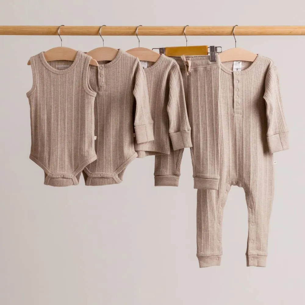 Woolbabe Organic Cotton/Merino Long Sleeve Henley Top - Dune Marl