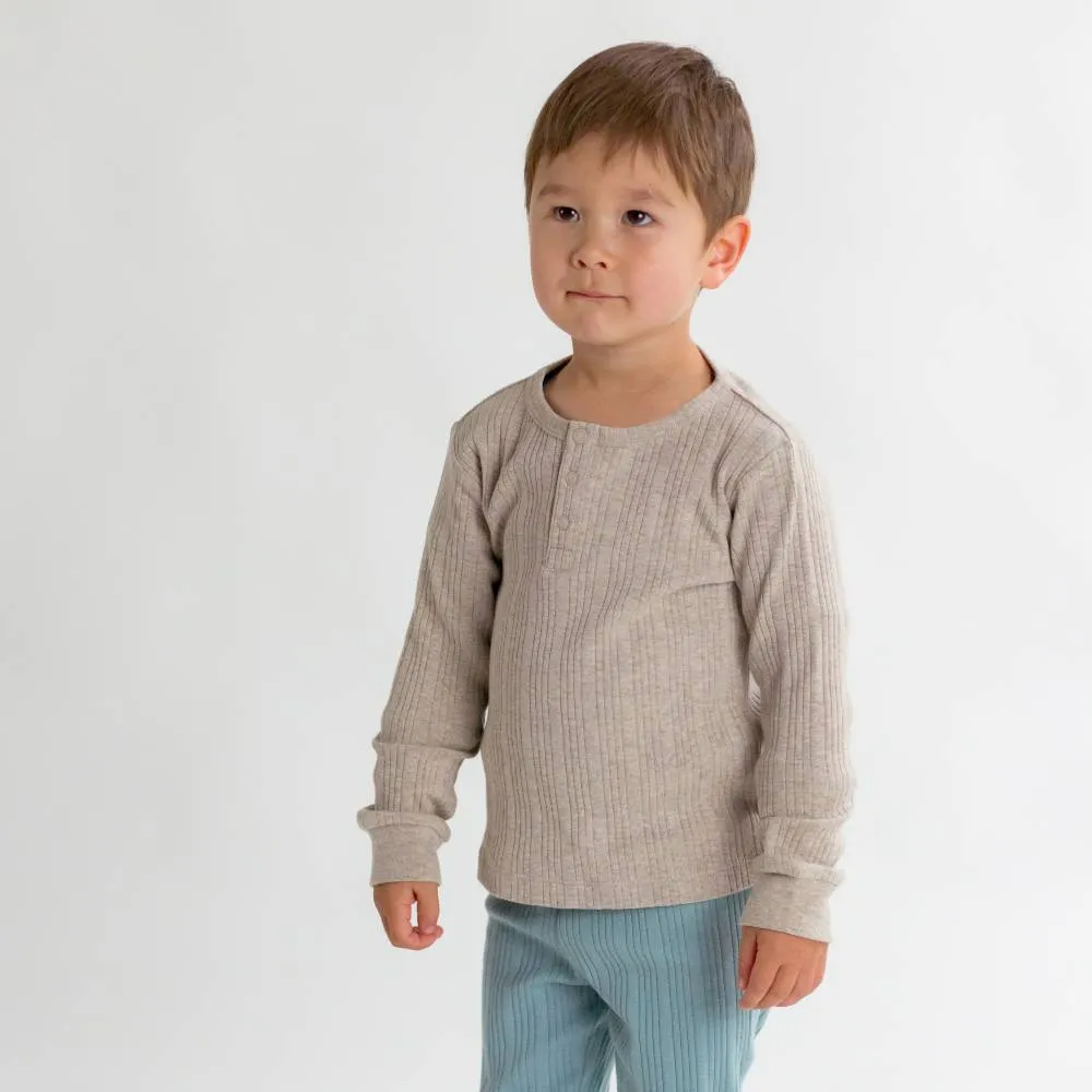 Woolbabe Organic Cotton/Merino Long Sleeve Henley Top - Dune Marl
