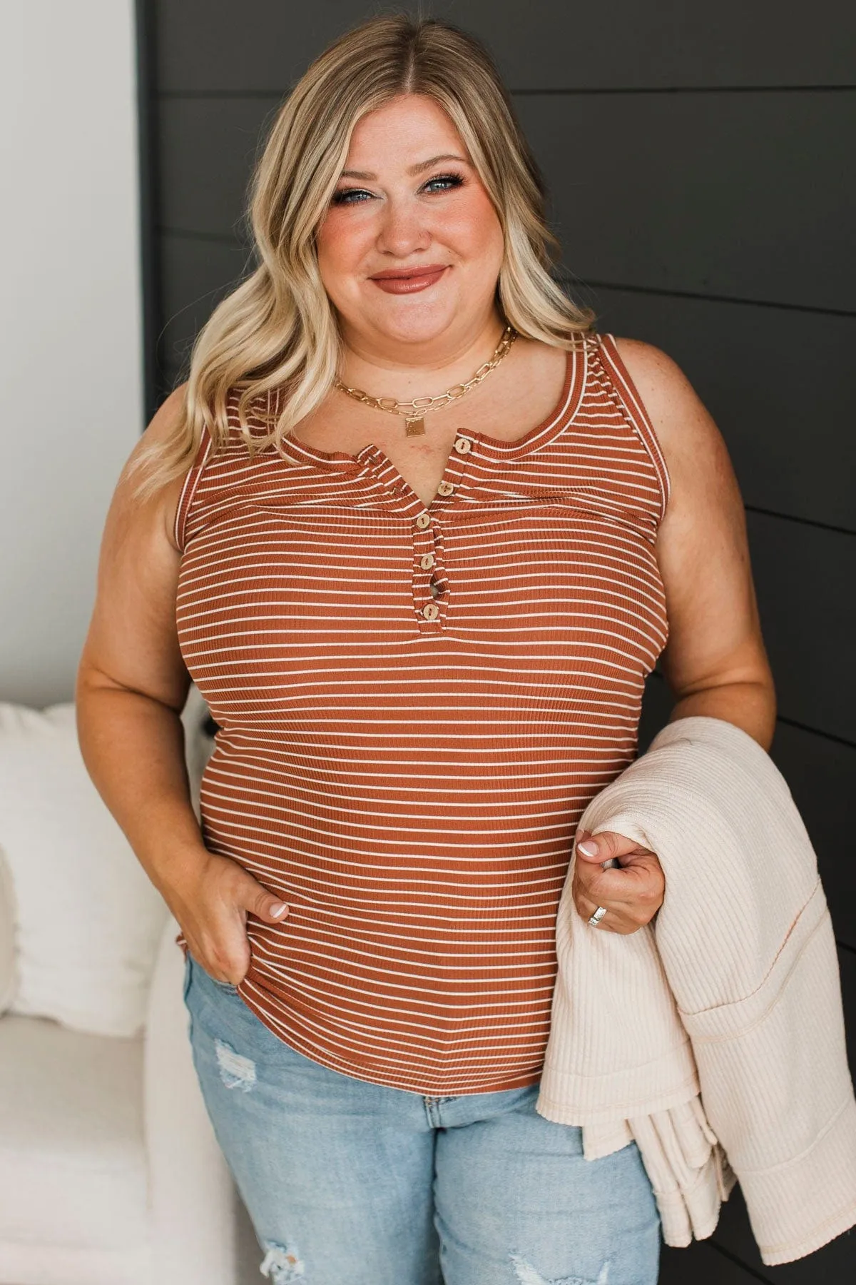 You Convinced Me Striped Tank Top- Rust