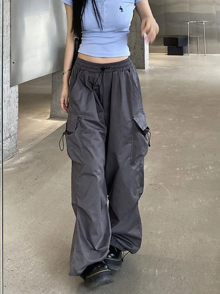 Zoki Streetwear Hip Hop Cargo Pants Women Fashion Pockets Oversize Loose Trousers Summer Bf Korean High Waist Wide Leg Pants
